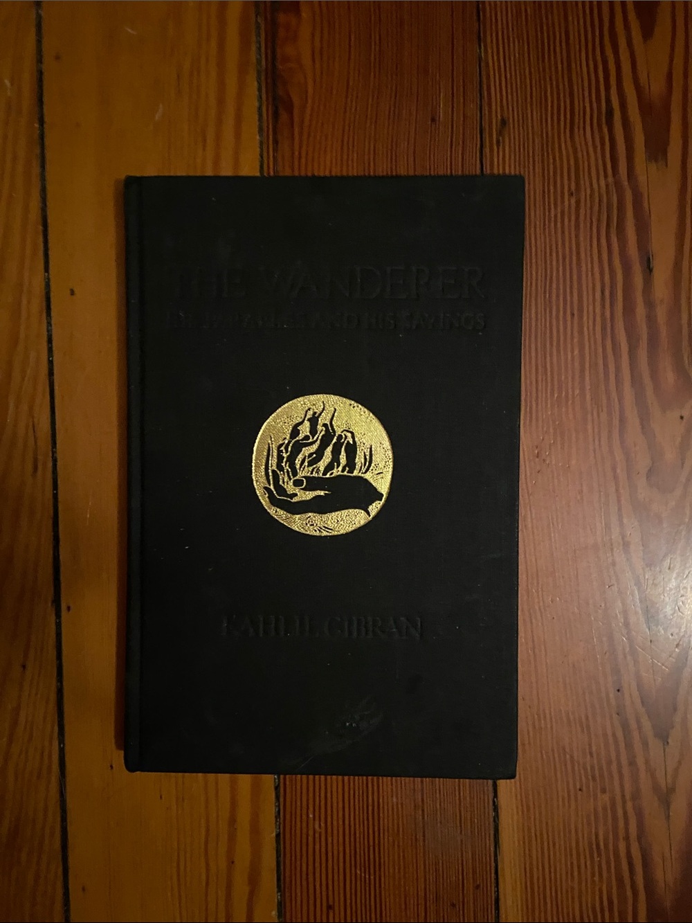 70s Kahlil Gibran Wanderer hardcover black book metallic gold emblem & letters